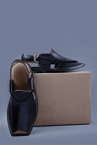 Black Leather Charsadda Chappal with Brass Buckle and Square Toe Detailing - Ecowears.pk