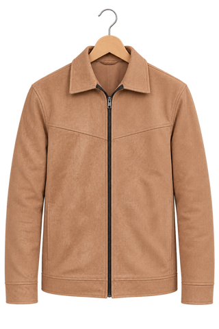 Layer Up - camel suede-style zip jacket on wooden hanger