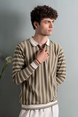 Olive Striped Half-Zip Polo