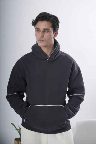 Black Minimal Hoodie with Contrast Piping
