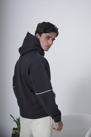 Black Minimal Hoodie with Contrast Piping