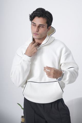 Off-White Minimal Hoodie with Contrast Piping