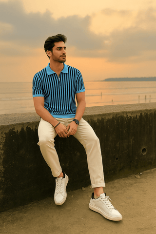 Sky Blue & Black Vertical Striped Knit Half-Zip Polo Shirt - Ecowears.pk