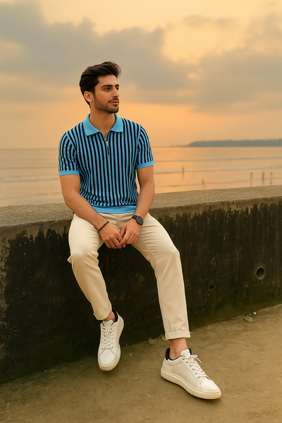 Sky Blue & Black Vertical Striped Knit Half-Zip Polo Shirt