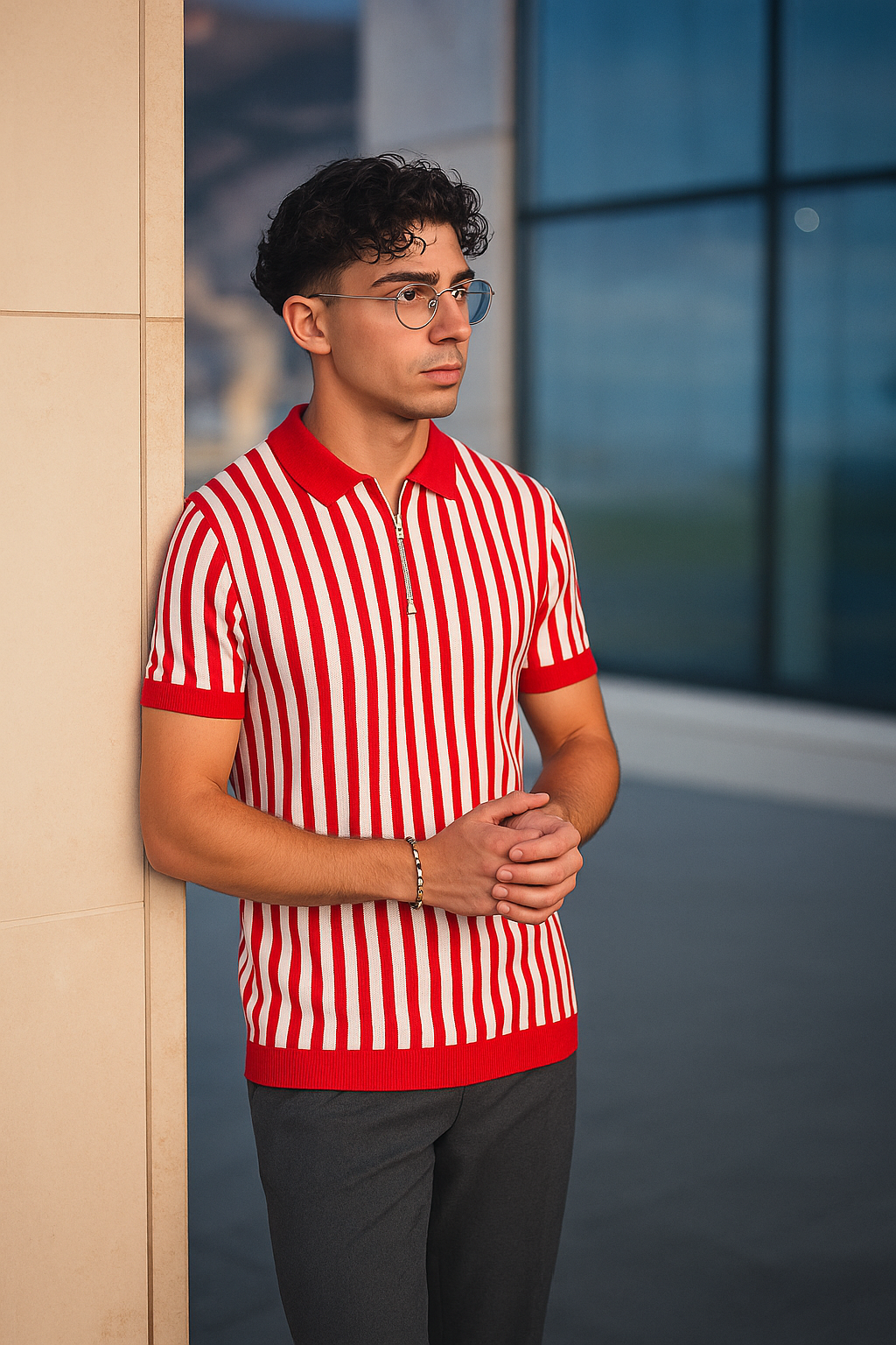 Red & White Vertical Striped Knit Half-Zip Polo Shirt