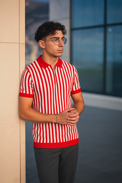 Red & White Vertical Striped Knit Half-Zip Polo Shirt