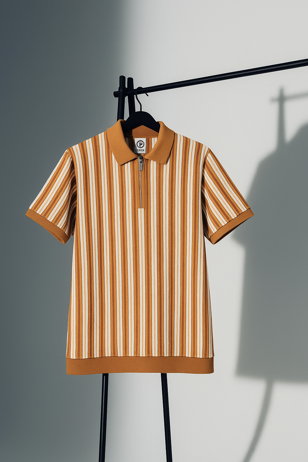 Mustard & White Vertical Striped Knit Half-Zip Polo Shirt