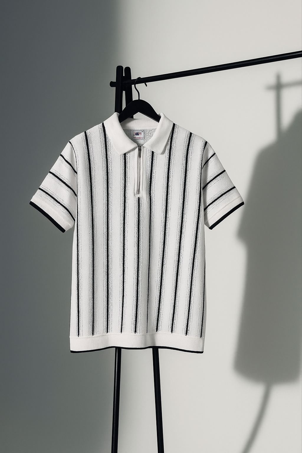 Classic White & Black Vertical Striped Knit Half-Zip Polo Shirt