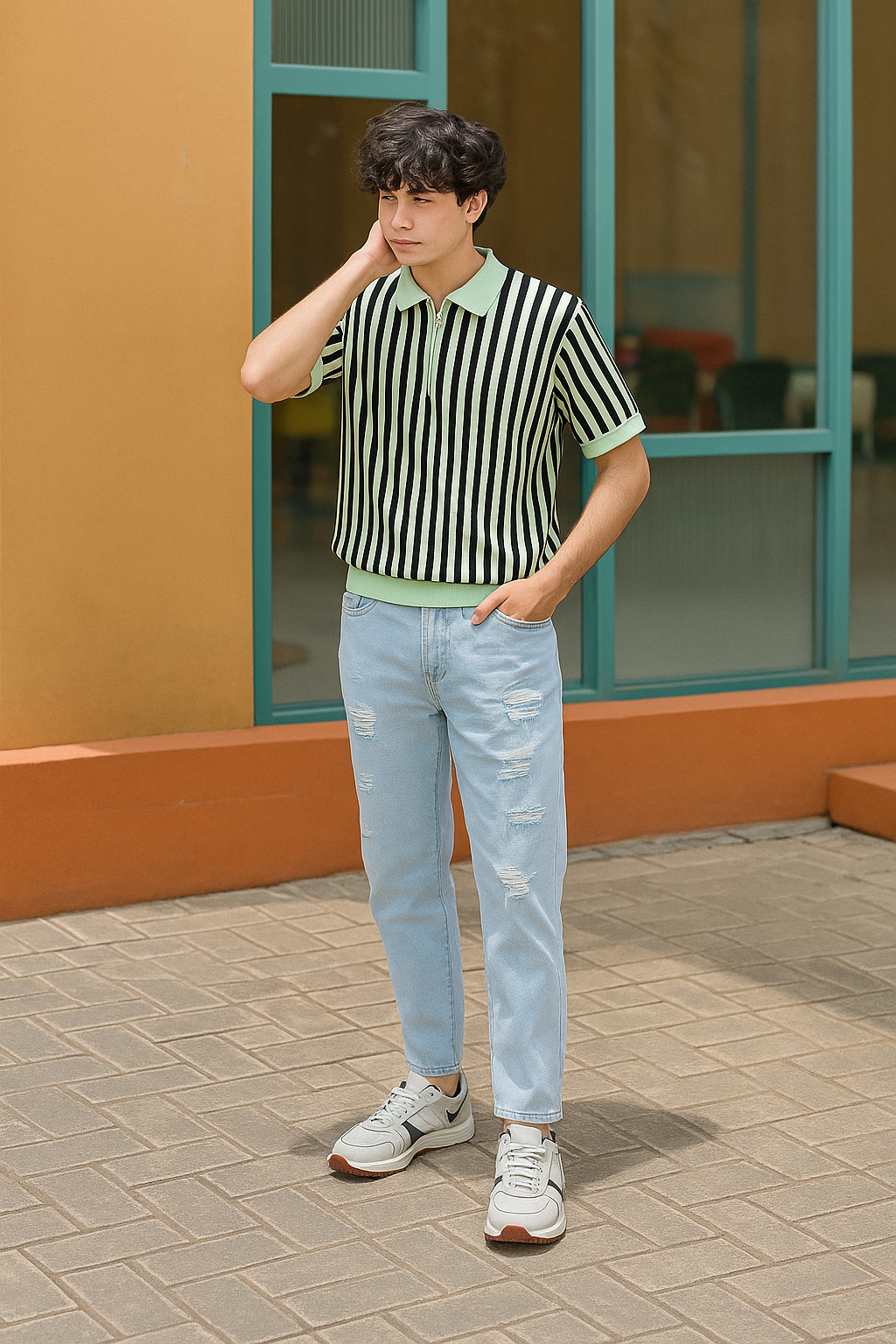 Mint Green & Black Vertical Striped Knit Half-Zip Polo Shirt