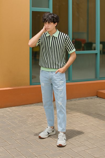 Mint Green & Black Vertical Striped Knit Half-Zip Polo Shirt