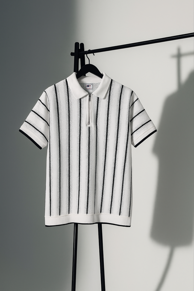 Classic White & Black Vertical Striped Knit Half-Zip Polo Shirt