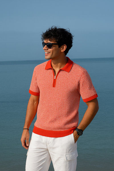 Orange & White Textured Knit Half-Zip Polo Shirt
