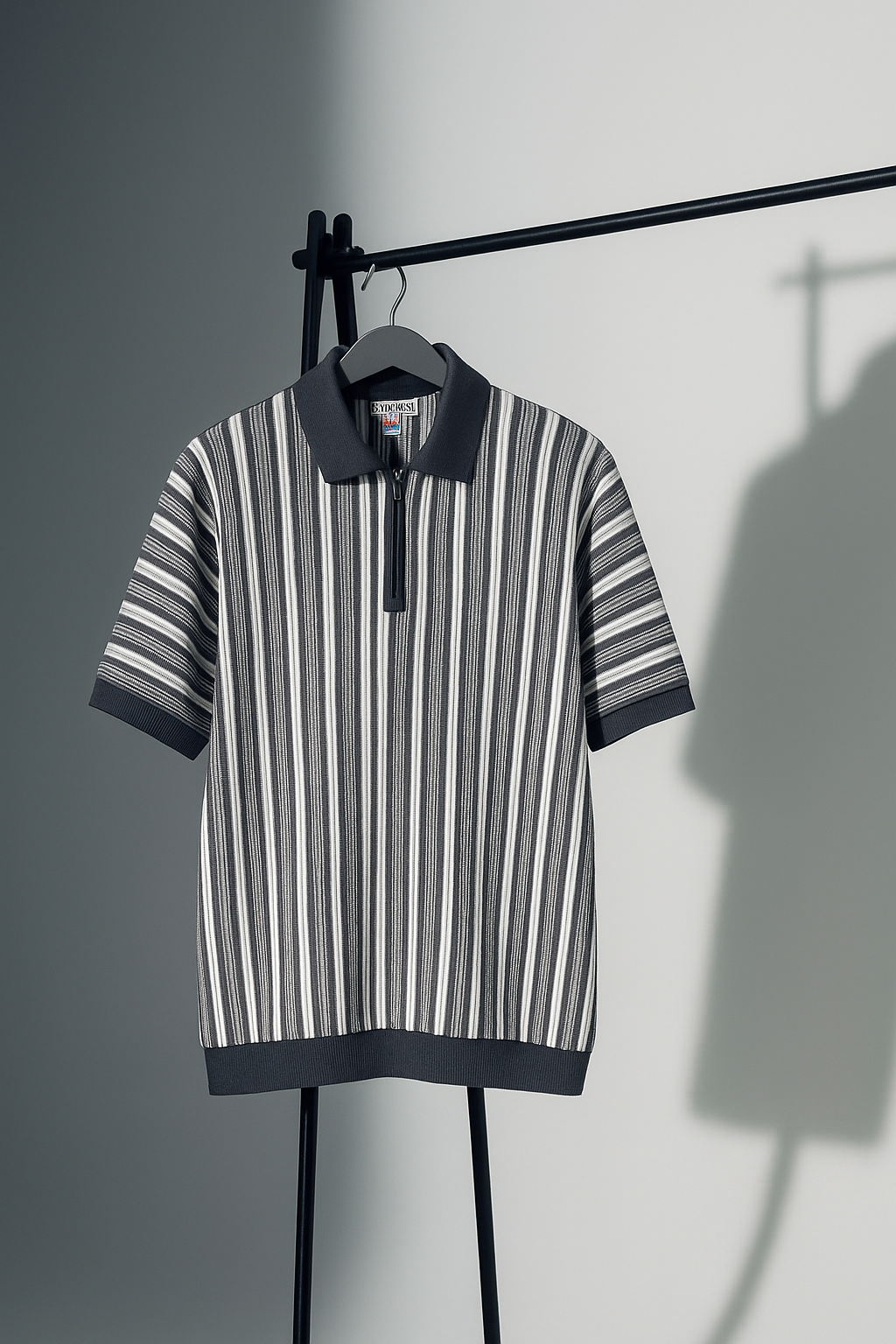 Grey & White Vertical Striped Knit Half-Zip Polo