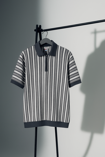 Grey & White Vertical Striped Knit Half-Zip Polo