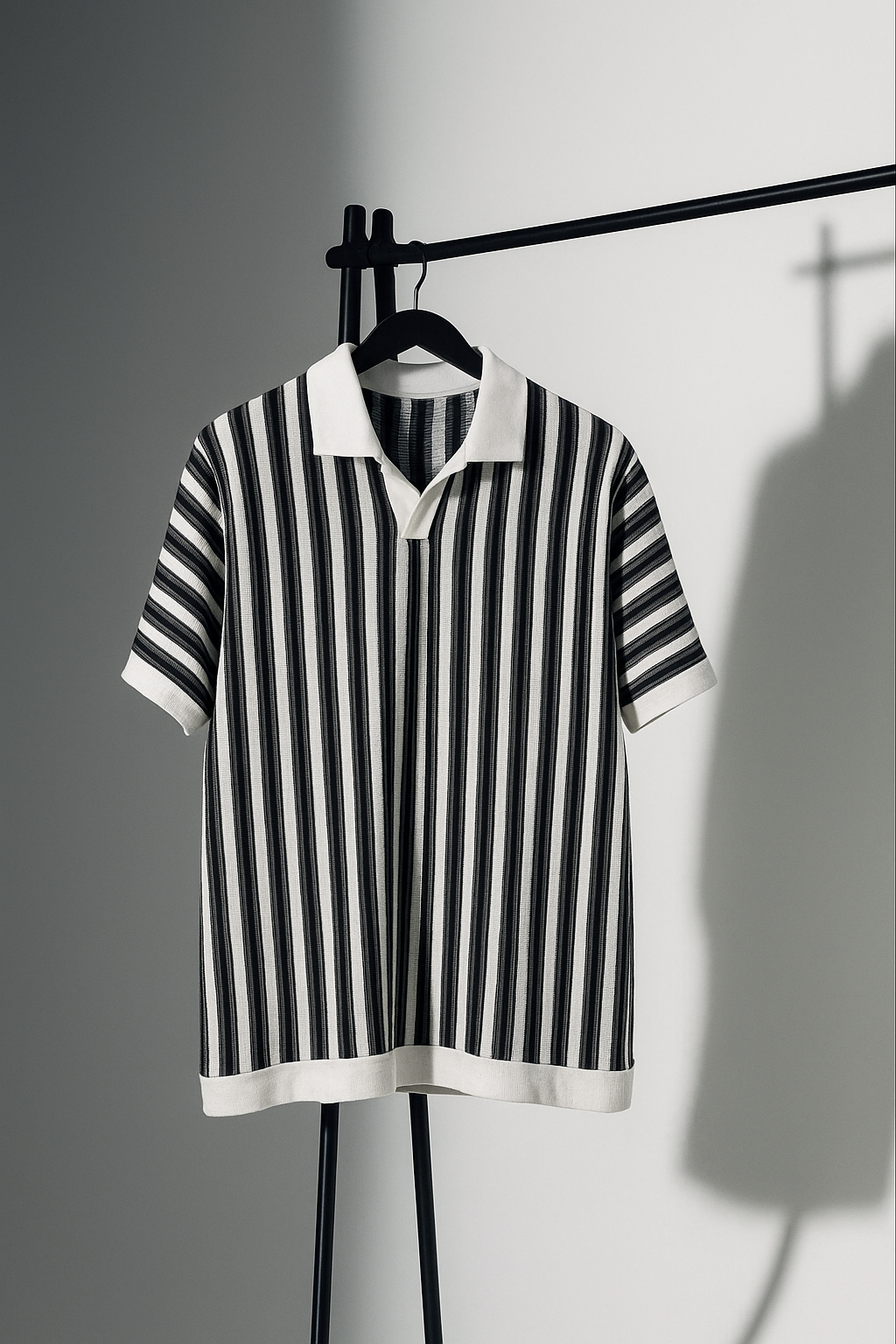 Black & White Vertical Striped Polo with White Collar