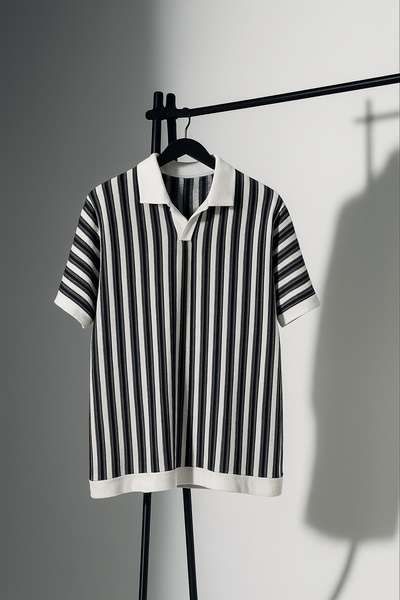 Black & White Vertical Striped Polo with White Collar