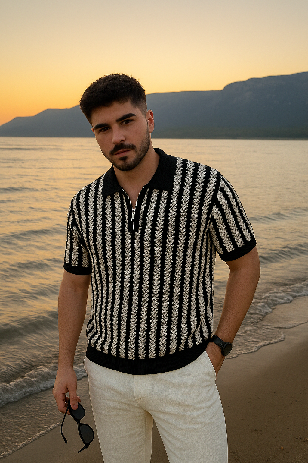 Black & Beige Textured Knit Half-Zip Polo Shirt