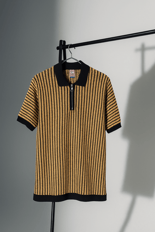 Mustard & Black Textured Knit Half-Zip Polo Shirt - Ecowears.pk