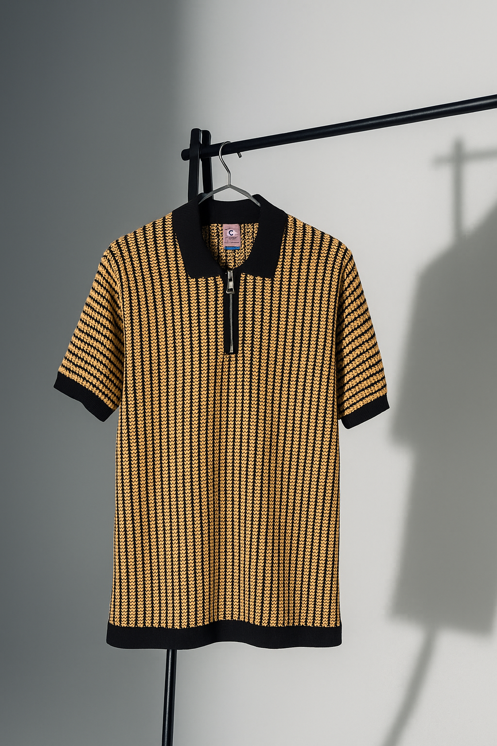 Mustard & Black Textured Knit Half-Zip Polo Shirt