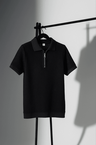 Classic Black Textured Knit Half-Zip Polo Shirt - Ecowears.pk