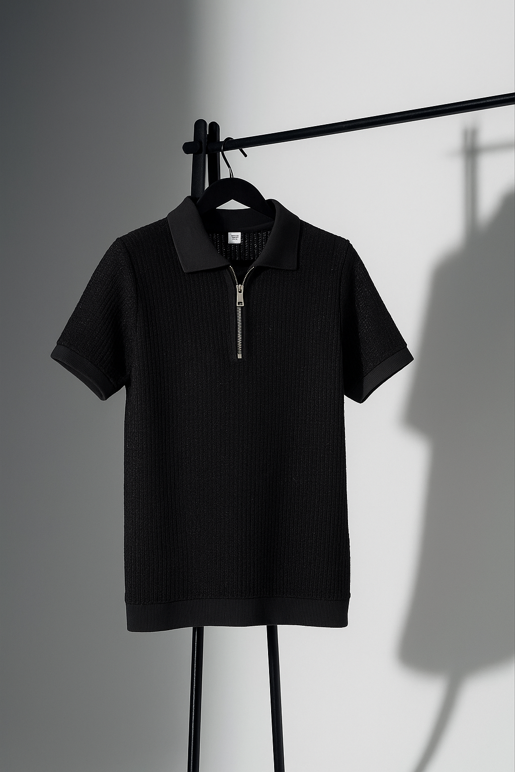 Classic Black Textured Knit Half-Zip Polo Shirt