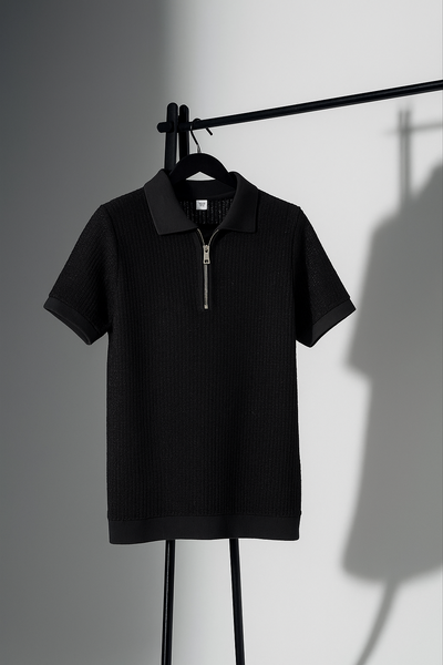 Classic Black Textured Knit Half-Zip Polo Shirt