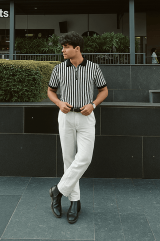 Black & White Bold Vertical Striped Knit Half-Zip Polo Shirt - Ecowears.pk