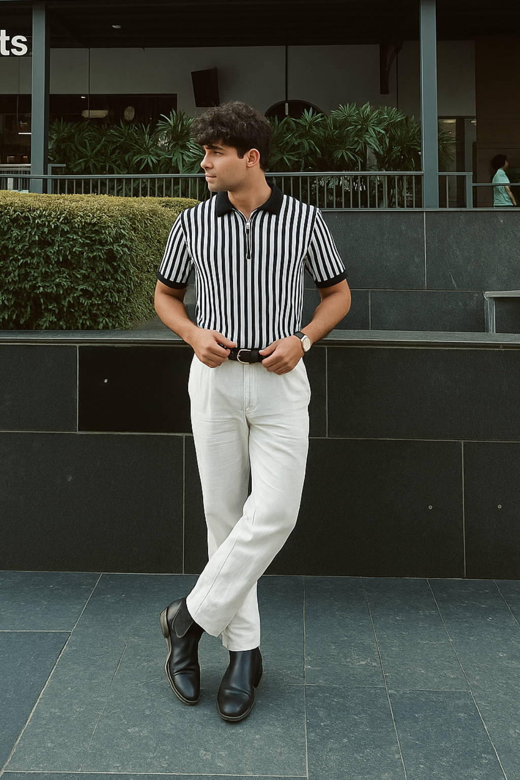 Black & White Bold Vertical Striped Knit Half-Zip Polo Shirt