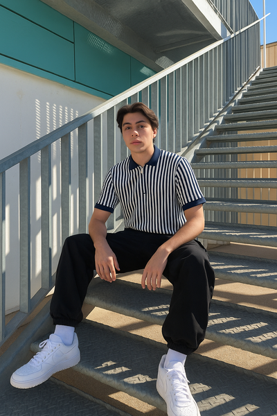 Navy Blue & White Vertical Striped Knit Half-Zip Polo Shirt