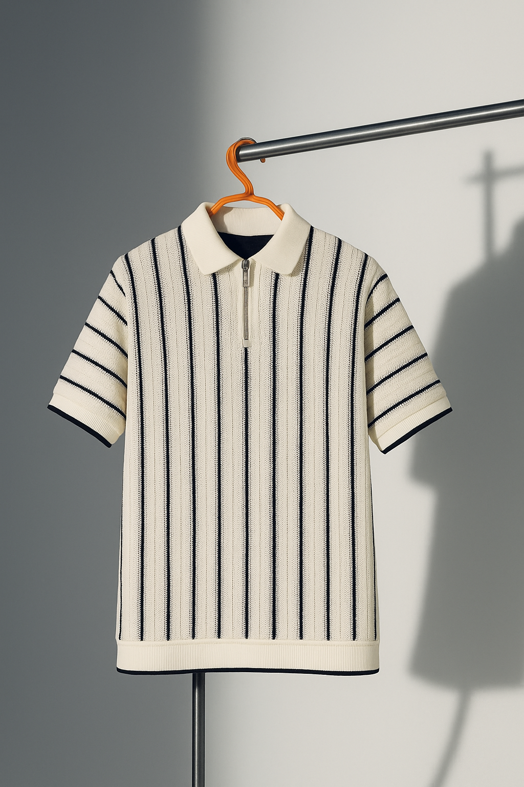 Cream & Black Vertical Striped Knit Half-Zip Polo Shirt