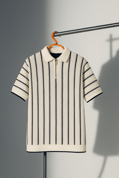 Cream & Black Vertical Striped Knit Half-Zip Polo Shirt