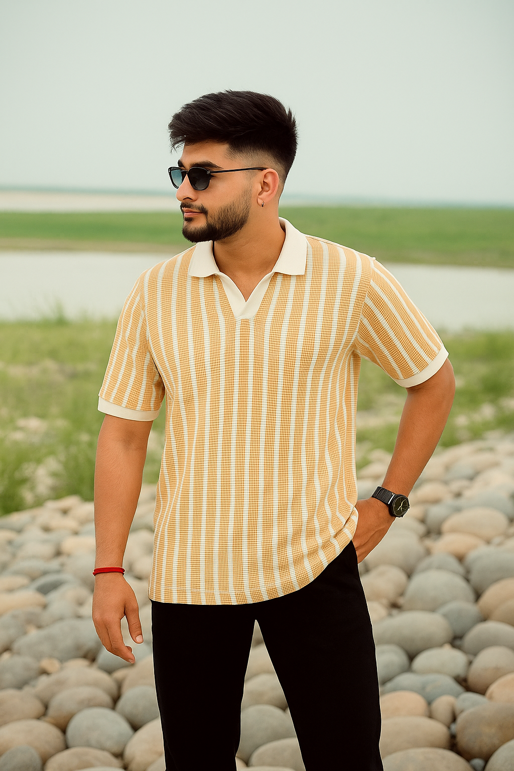 Mustard & White Vertical Striped Short-Sleeve Polo Shirt