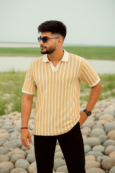 Mustard & White Vertical Striped Short-Sleeve Polo Shirt