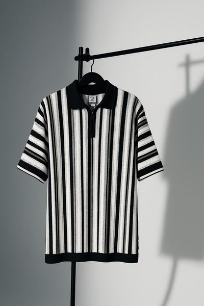 Black & White Vertical Striped Knit Half-Zip Polo Shirt