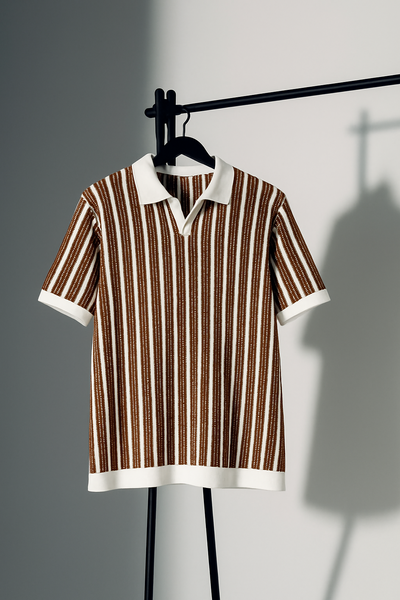 Brown & White Vertical Striped Knit Half-Zip Polo Shirt