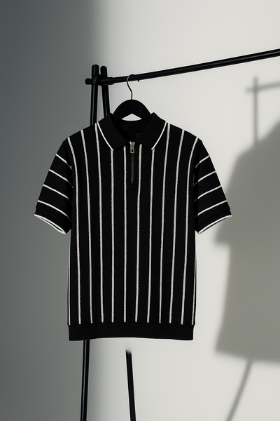 Black & White Vertical Striped Knit Half-Zip Polo Shirt