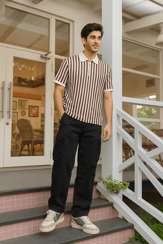 Brown & White Vertical Striped Knit Half-Zip Polo Shirt - Ecowears.pk
