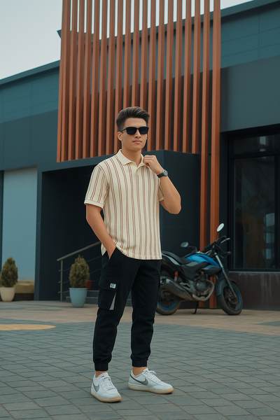 Cream & Brown Vertical Striped Short-Sleeve Polo Shirt