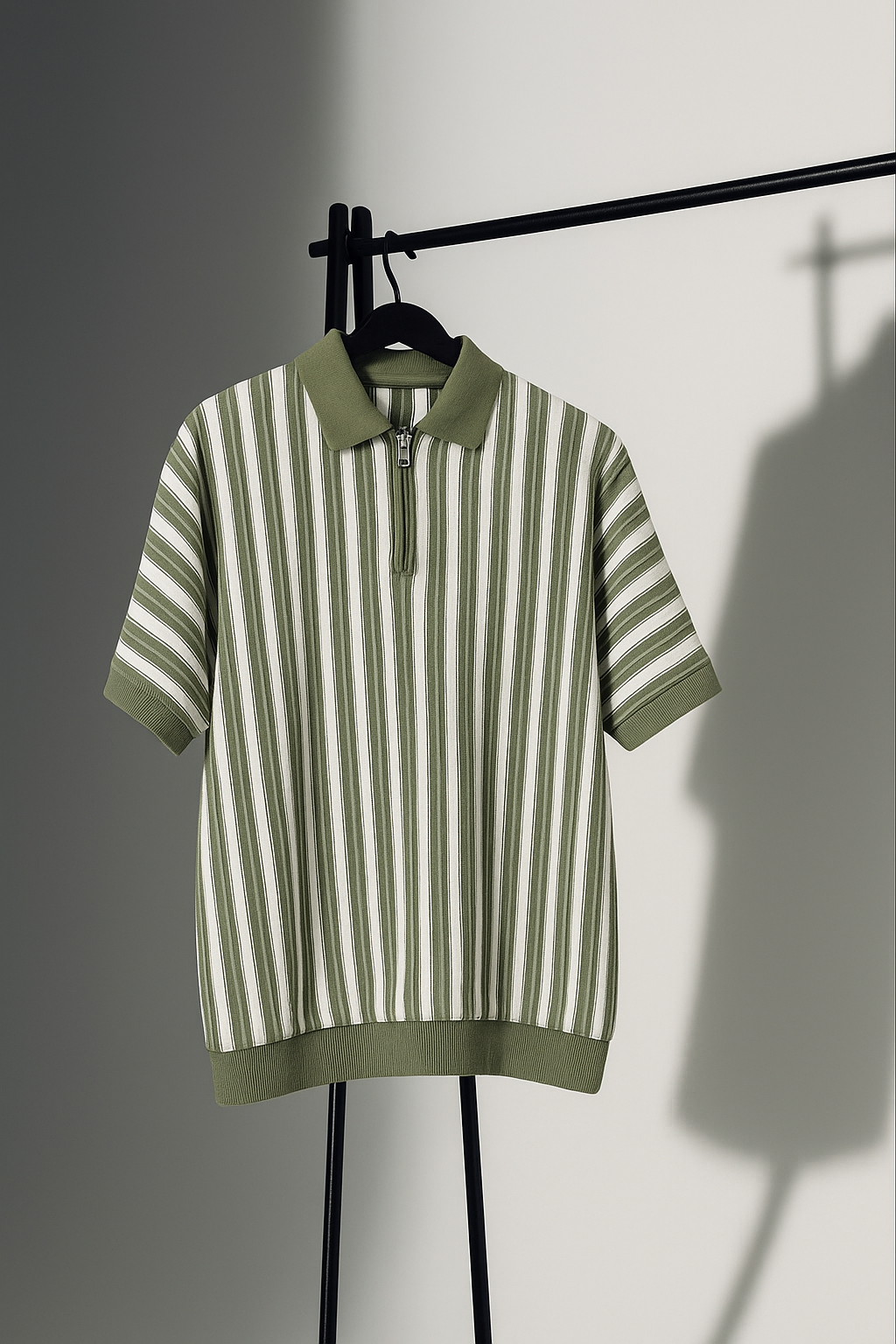 Olive Green & White Vertical Striped Knit Half-Zip Polo