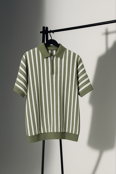 Olive Green & White Vertical Striped Knit Half-Zip Polo