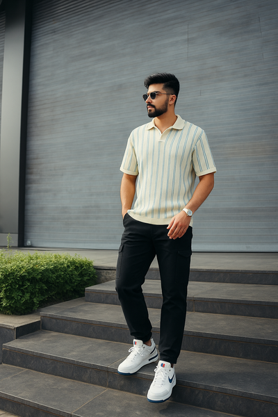 Cream & Blue Vertical Striped Short-Sleeve Polo Shirt