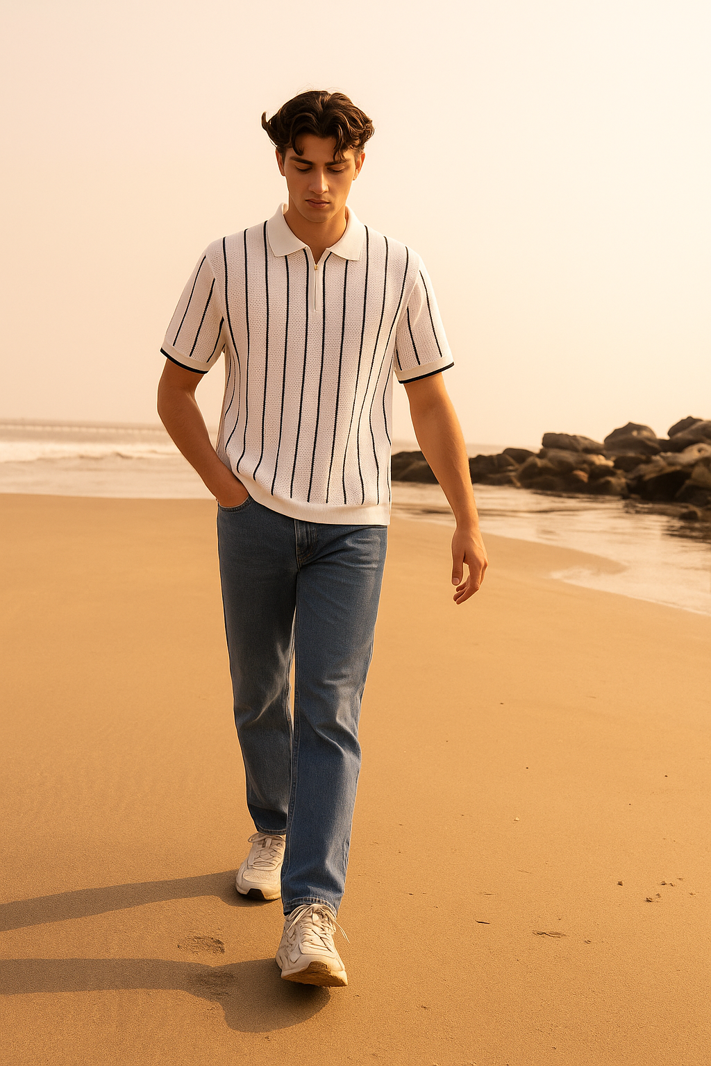Classic White & Black Vertical Striped Knit Half-Zip Polo Shirt