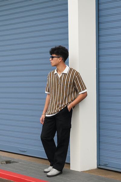 Brown & White Vertical Striped Knit Half-Zip Polo Shirt