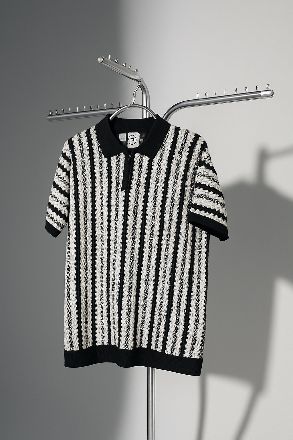 Black & Beige Textured Knit Half-Zip Polo Shirt