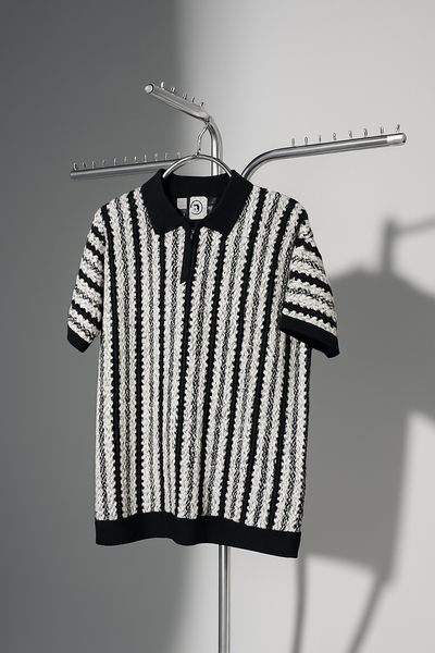 Black & Beige Textured Knit Half-Zip Polo Shirt