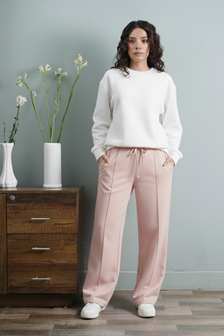 Lightweight Cotton Blush Pink Straight-Leg Lounge Trousers with Drawstring Waist