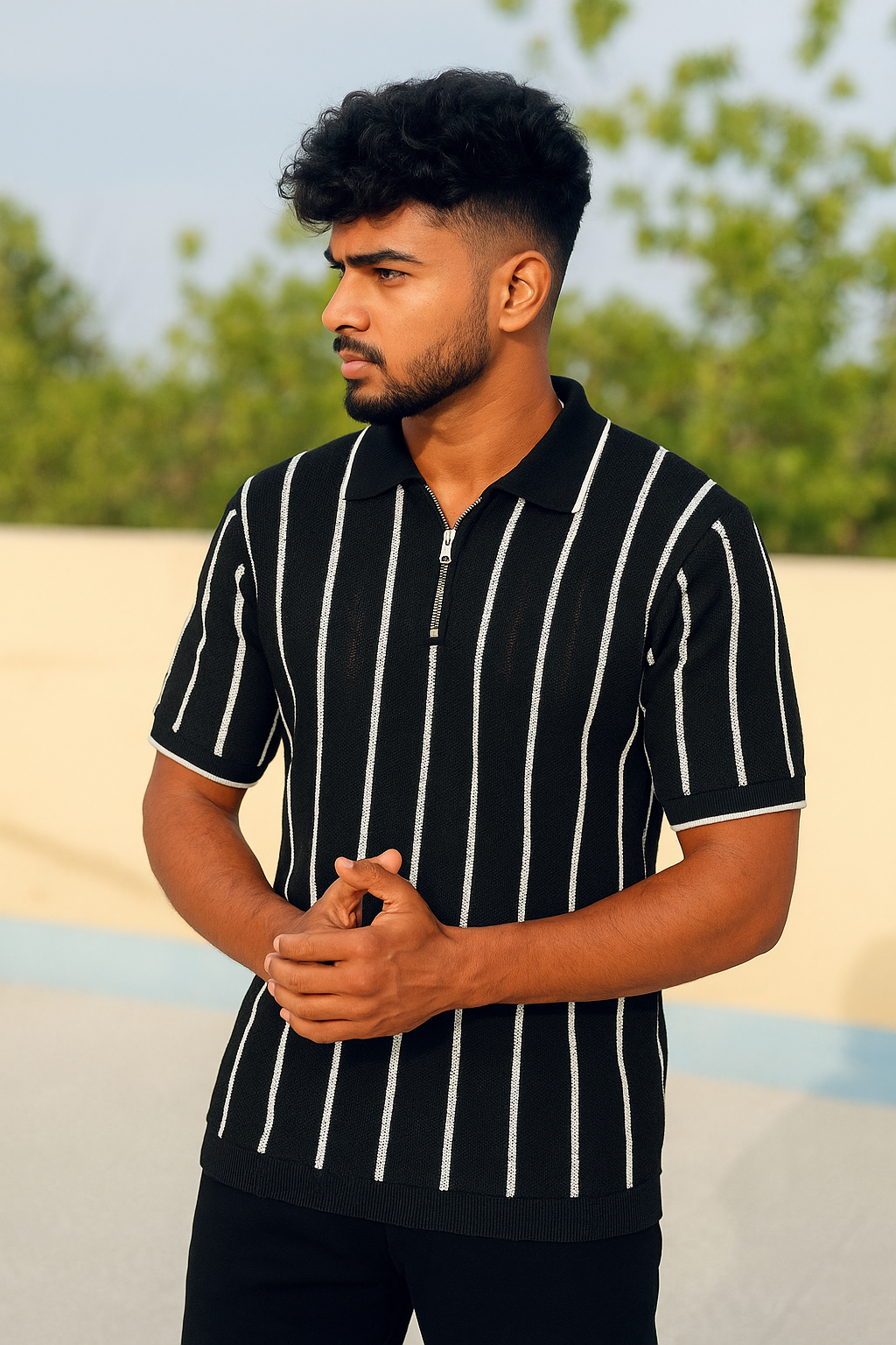 Black & White Vertical Striped Knit Half-Zip Polo Shirt
