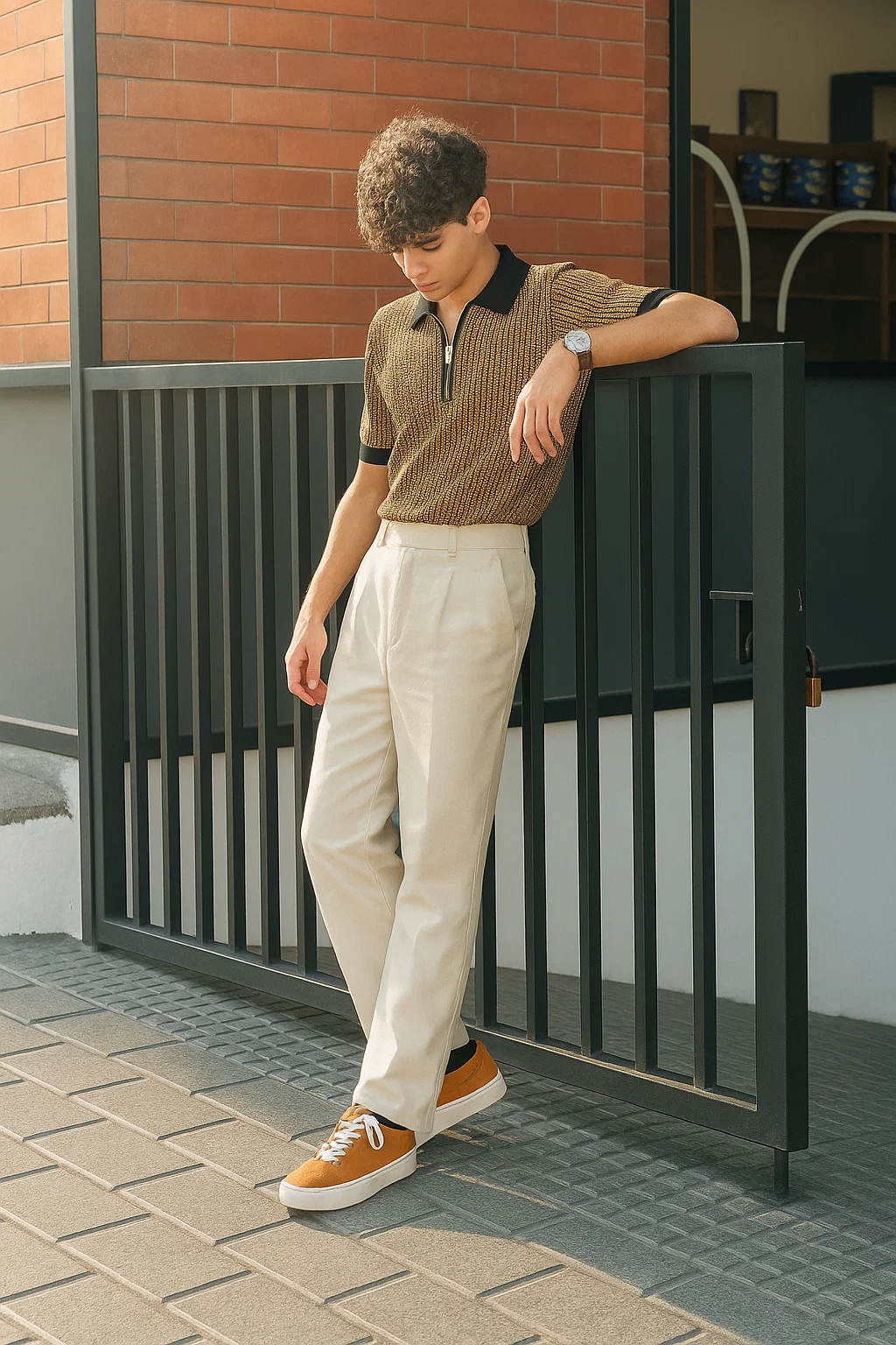 Mustard & Black Textured Knit Half-Zip Polo Shirt
