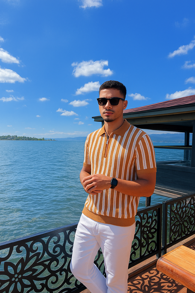 Mustard & White Vertical Striped Knit Half-Zip Polo Shirt