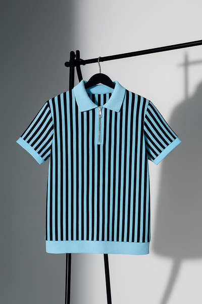 Sky Blue & Black Vertical Striped Knit Half-Zip Polo Shirt